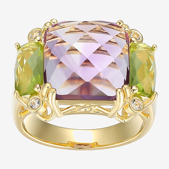 Womens Genuine Purple Amethyst 18K Gold Over Silver Square 3-Stone Cocktail Ring