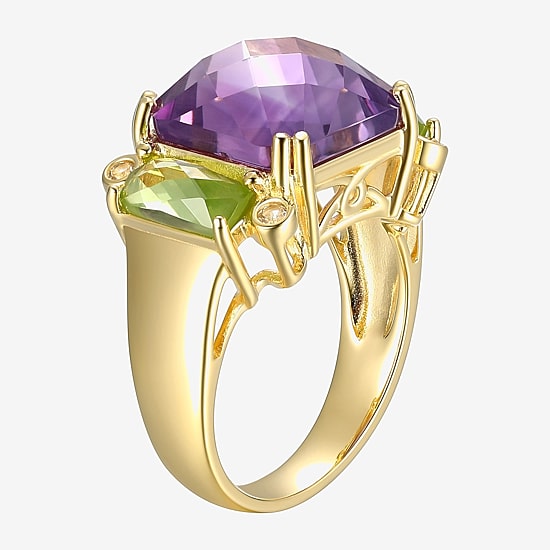 Womens Genuine Purple Amethyst 18K Gold Over Silver Square 3-Stone Cocktail Ring