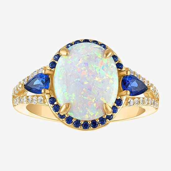 Womens Lab Created White Opal 14K Gold Over Silver Oval Halo Cocktail Ring