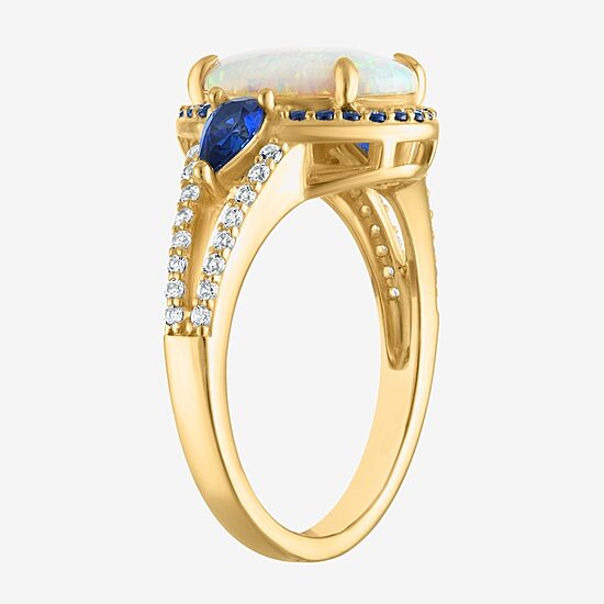 Womens Lab Created White Opal 14K Gold Over Silver Oval Halo Cocktail Ring