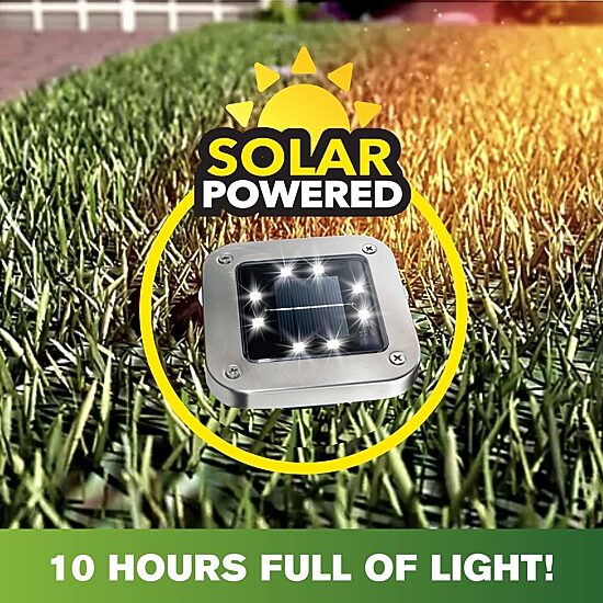 Bell + Howell 8 LED Super Bright Solar Powered Square Disk Light with Auto On/Off Lighting and Waterproof Rust-Free Stainless Tops - 4 Pack