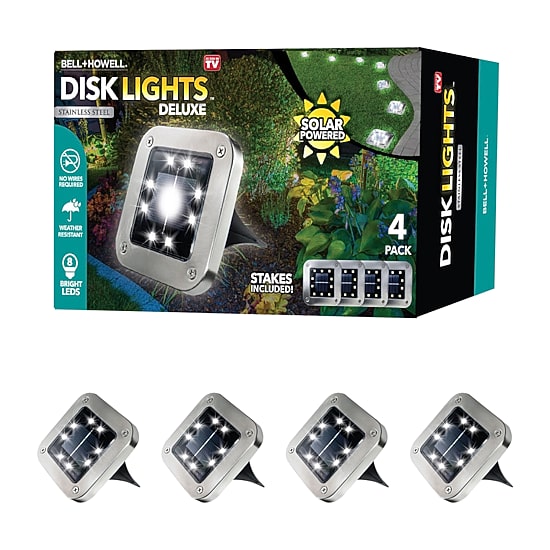 Bell + Howell 8 LED Super Bright Solar Powered Square Disk Light with Auto On/Off Lighting and Waterproof Rust-Free Stainless Tops - 4 Pack