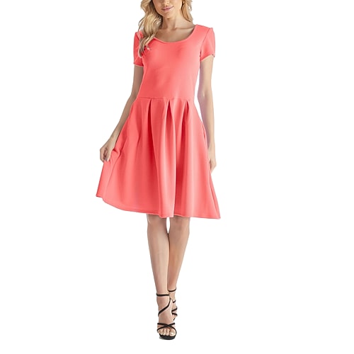 24seven Comfort Apparel Womens Scoop Neck Short Sleeve Fit + Flare Dress, Small, Orange