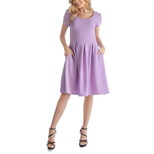 24seven Comfort Apparel Womens Scoop Neck Short Sleeve Fit + Flare Dress, Large, Purple