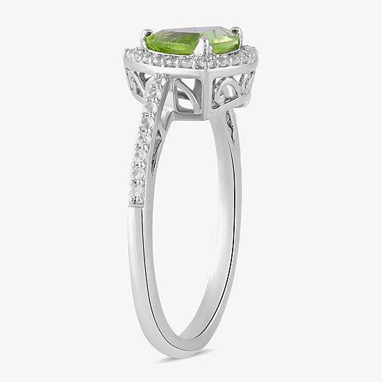 Womens Genuine Green Peridot Sterling Silver Halo Side Stone Cocktail Ring