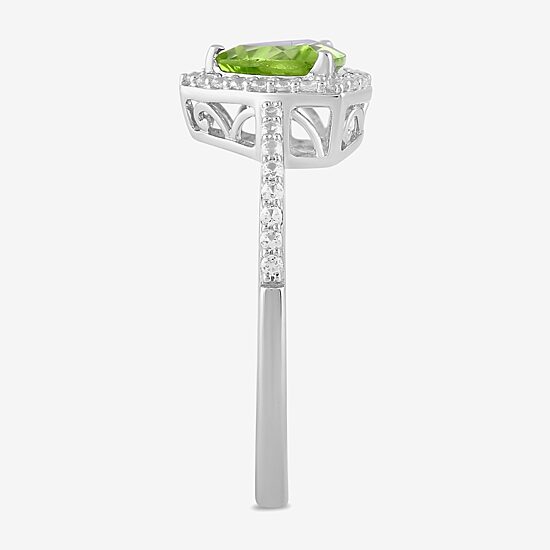 Womens Genuine Green Peridot Sterling Silver Halo Side Stone Cocktail Ring