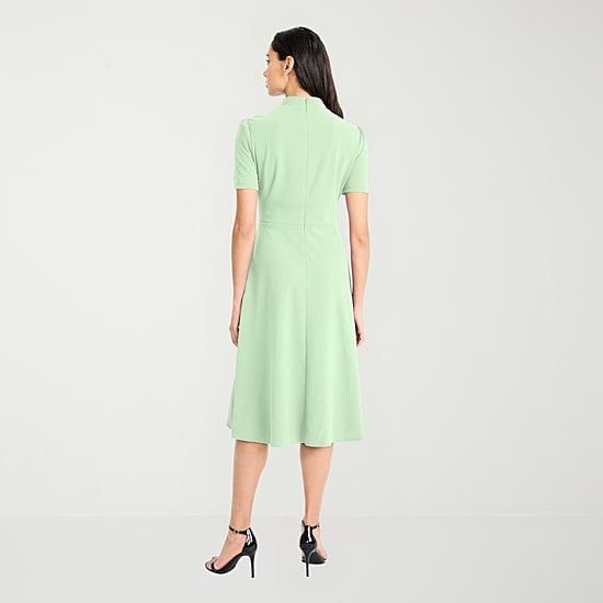 London Style Womens Midi High Neck Short Sleeve Fit + Flare Dress