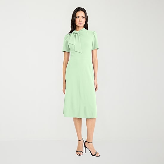 London Style Womens Midi High Neck Short Sleeve Fit + Flare Dress