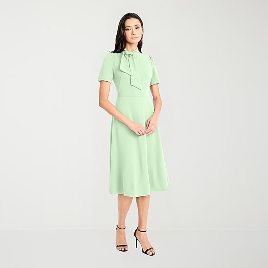 London Style Womens Midi High Neck Short Sleeve Fit + Flare Dress