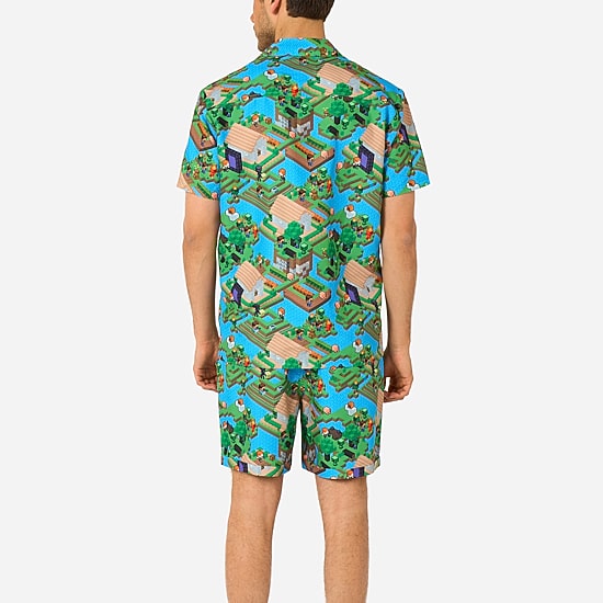 Novelty Mens Round Neck Short Sleeve Regular Fit Minecraft Button-Down Shirt