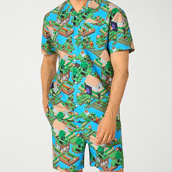 Novelty Mens Round Neck Short Sleeve Regular Fit Minecraft Button-Down Shirt