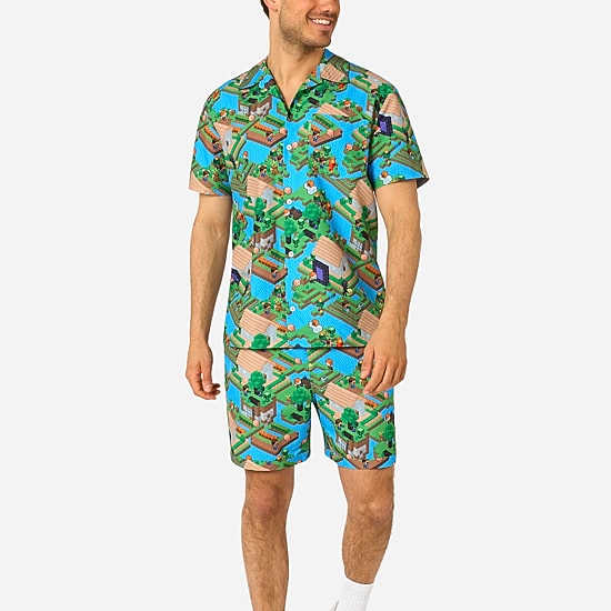 Novelty Mens Round Neck Short Sleeve Regular Fit Minecraft Button-Down Shirt