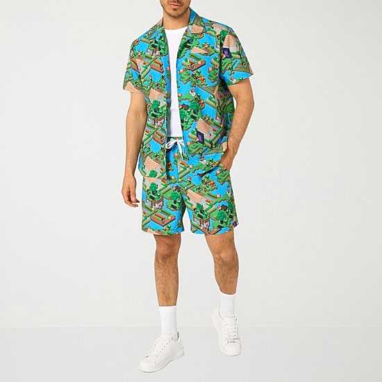 Novelty Mens Round Neck Short Sleeve Regular Fit Minecraft Button-Down Shirt