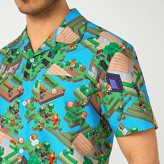 Novelty Mens Round Neck Short Sleeve Regular Fit Minecraft Button-Down Shirt