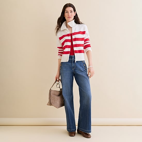 St. John's Bay Womens Long Sleeve Open Front Zipper Striped Cardigan