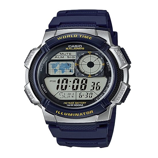 Casio® Mens Black & Sterling Silver LCD Digital Strap Sport Watch AE1000W-2AV
