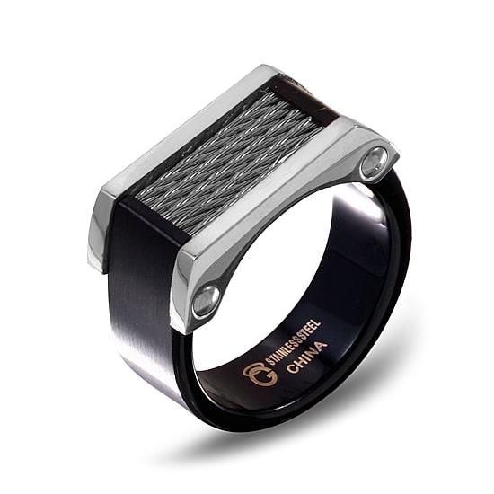 Mens Stainless Steel and Black Ion-Plated Ring