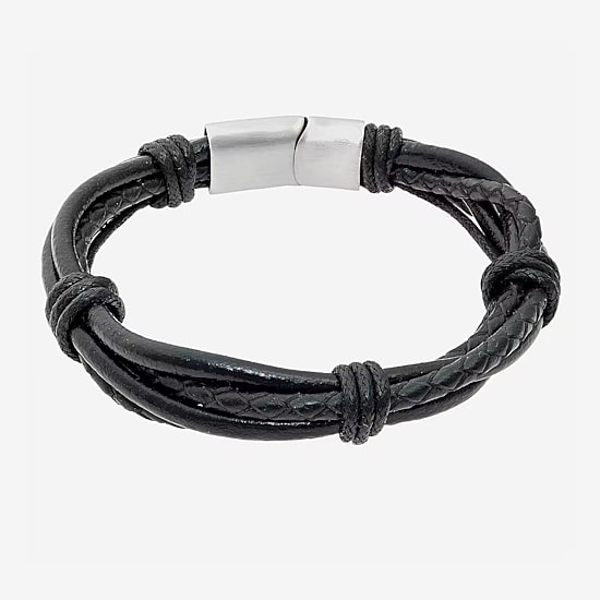 Mens Black Leather Bracelet with Stainless Steel Magnetic Clasp