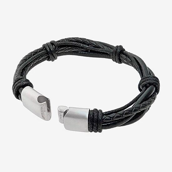 Mens Black Leather Bracelet with Stainless Steel Magnetic Clasp