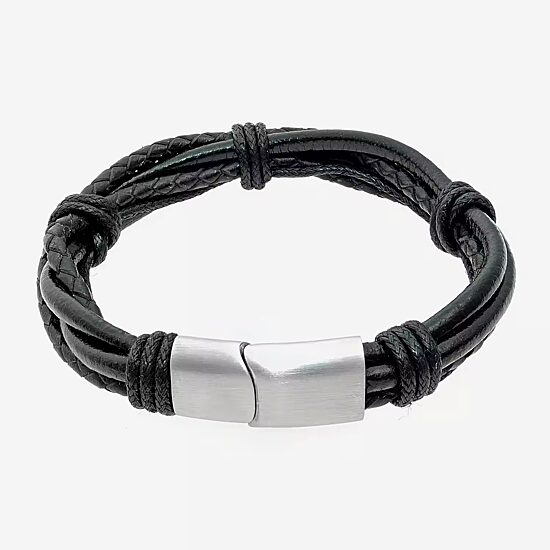 Mens Black Leather Bracelet with Stainless Steel Magnetic Clasp