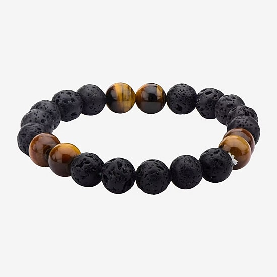 Inox® Jewelry Mens Black Lava & Brown Tiger Eye Stainless Steel Bead Bracelet
