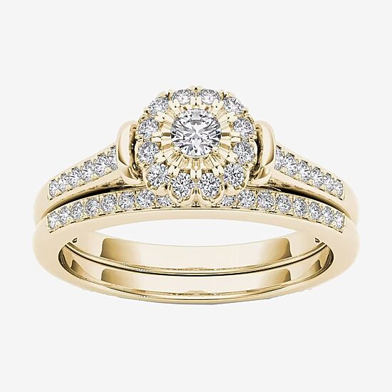 Womens 1/3 CT. T.W. Natural White Diamond 10K Gold Round Side Stone Halo Bridal Set