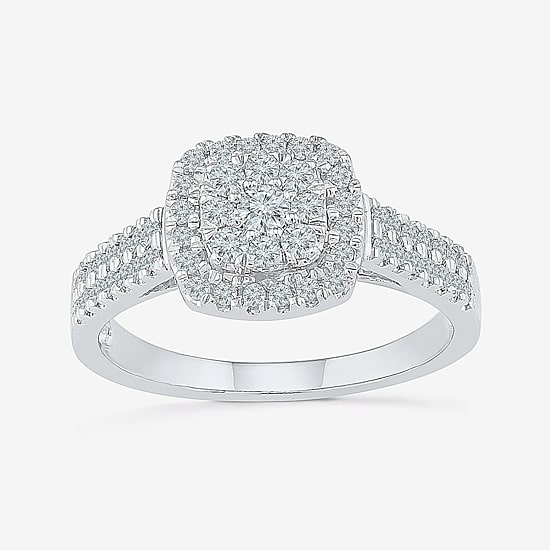 Womens 1/2 CT. T.W. Natural White Diamond 10K Gold Cushion Side Stone Halo Engagement Ring