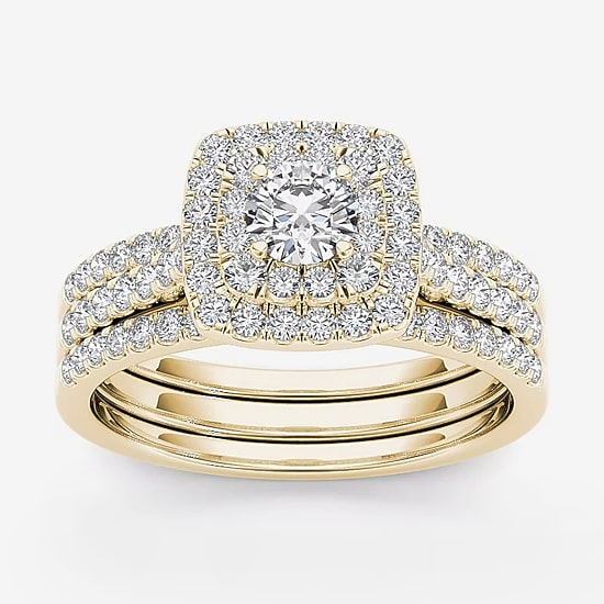 1 CT.T.W. Natural Diamond 10K Yellow Gold Halo Bridal Ring Set