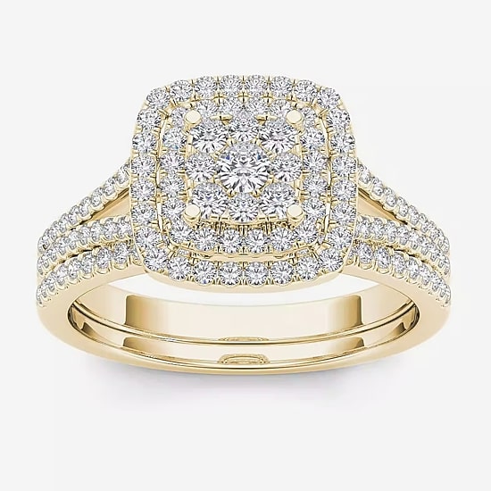 Womens 1/2 CT. T.W. Natural White Diamond 10K Gold Cushion Side Stone Halo Bridal Set