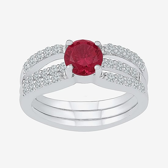 Modern Bride Gemstone Lab Created Ruby & Lab Created Sapphire Sterling Silver Bridal Set