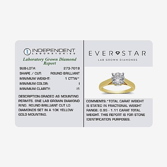 (H-I / I1) Womens 1 CT. Lab Grown White Diamond 10K Gold Round Solitaire Engagement Ring