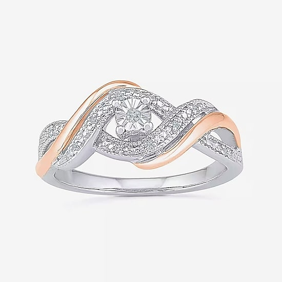 Promise My Love Womens Diamond Accent Natural White Diamond 10K Rose Gold Over Silver Round Crossover Side Stone Promise Ring