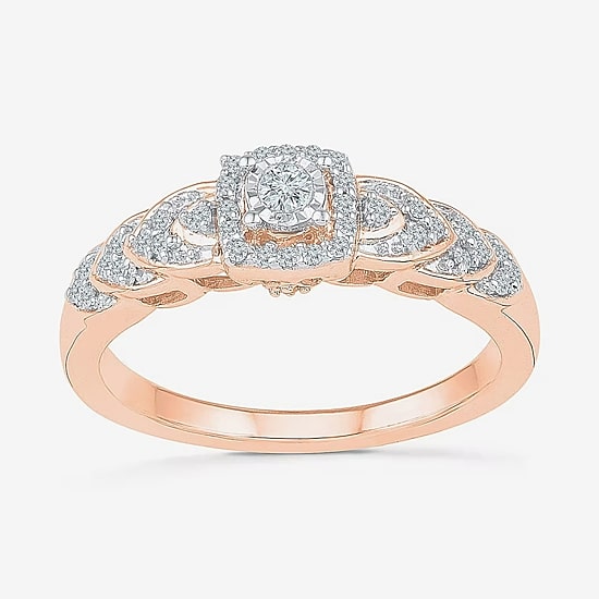 Promise My Love Womens 1/5 CT. Natural White Diamond 10K Gold Round Cushion Side Stone Halo Promise Ring