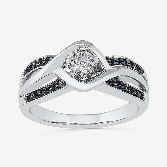 Womens 1/8 CT. T.W. Natural Black Diamond Sterling Silver Round Crossover Side Stone Promise Ring
