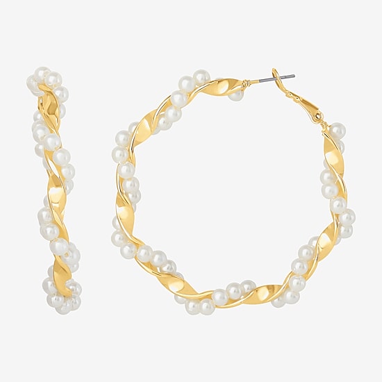 JS Jessica Simpson Gold Tone Womens Simulated Pearl 52.2mm Hoop Earrings
