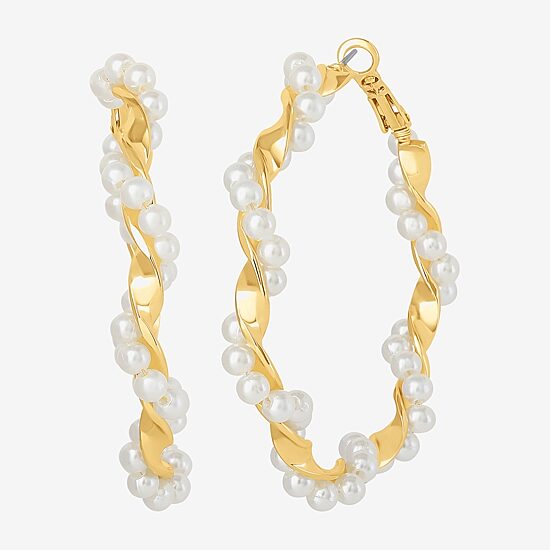JS Jessica Simpson Gold Tone Womens Simulated Pearl 52.2mm Hoop Earrings