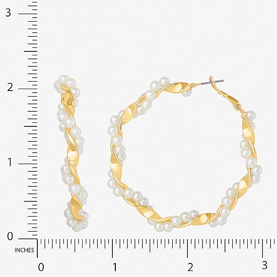 JS Jessica Simpson Gold Tone Womens Simulated Pearl 52.2mm Hoop Earrings