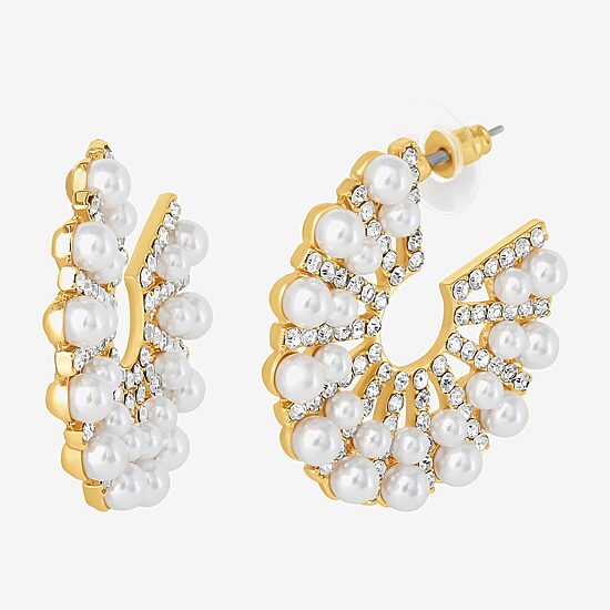 JS Jessica Simpson Gold Tone Womens Glass Simulated Pearl 37.9mm Hoop Earrings