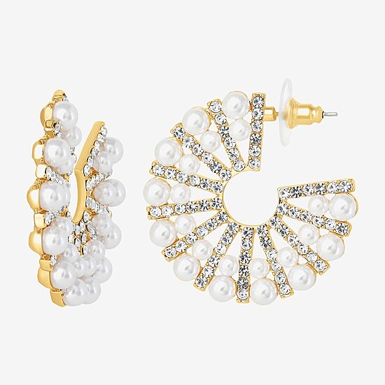 JS Jessica Simpson Gold Tone Womens Glass Simulated Pearl 37.9mm Hoop Earrings