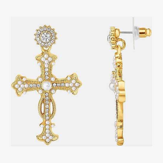 JS Jessica Simpson Gold Tone Womens Glass Simulated Pearl Cross Drop Earrings