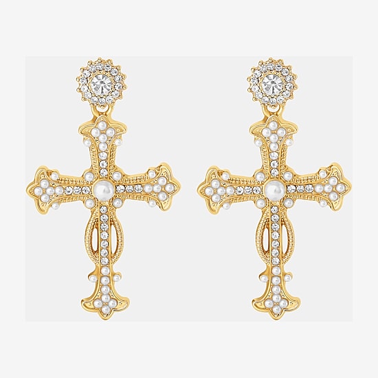 JS Jessica Simpson Gold Tone Womens Glass Simulated Pearl Cross Drop Earrings