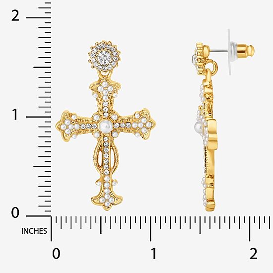 JS Jessica Simpson Gold Tone Womens Glass Simulated Pearl Cross Drop Earrings