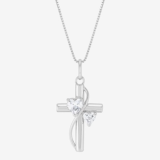 Womens White Cubic Zirconia Sterling Silver Cross Heart 18 Inch Pendant Necklace