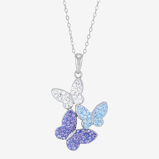 Womens Purple Crystal Sterling Silver Butterfly 18 Inch Pendant Necklace