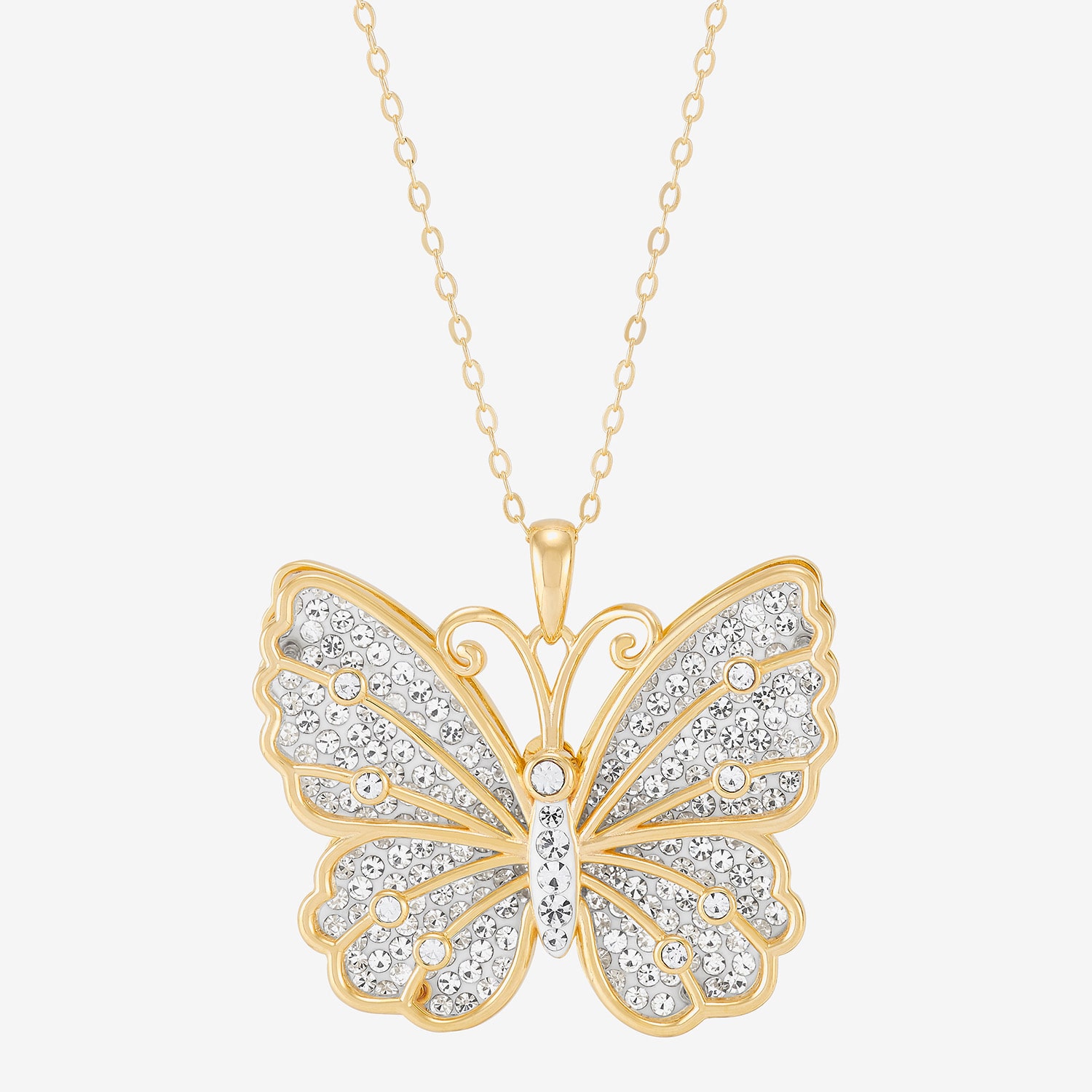 Womens White Crystal 14K Gold Over Silver Butterfly 18 Inch Pendant Necklace