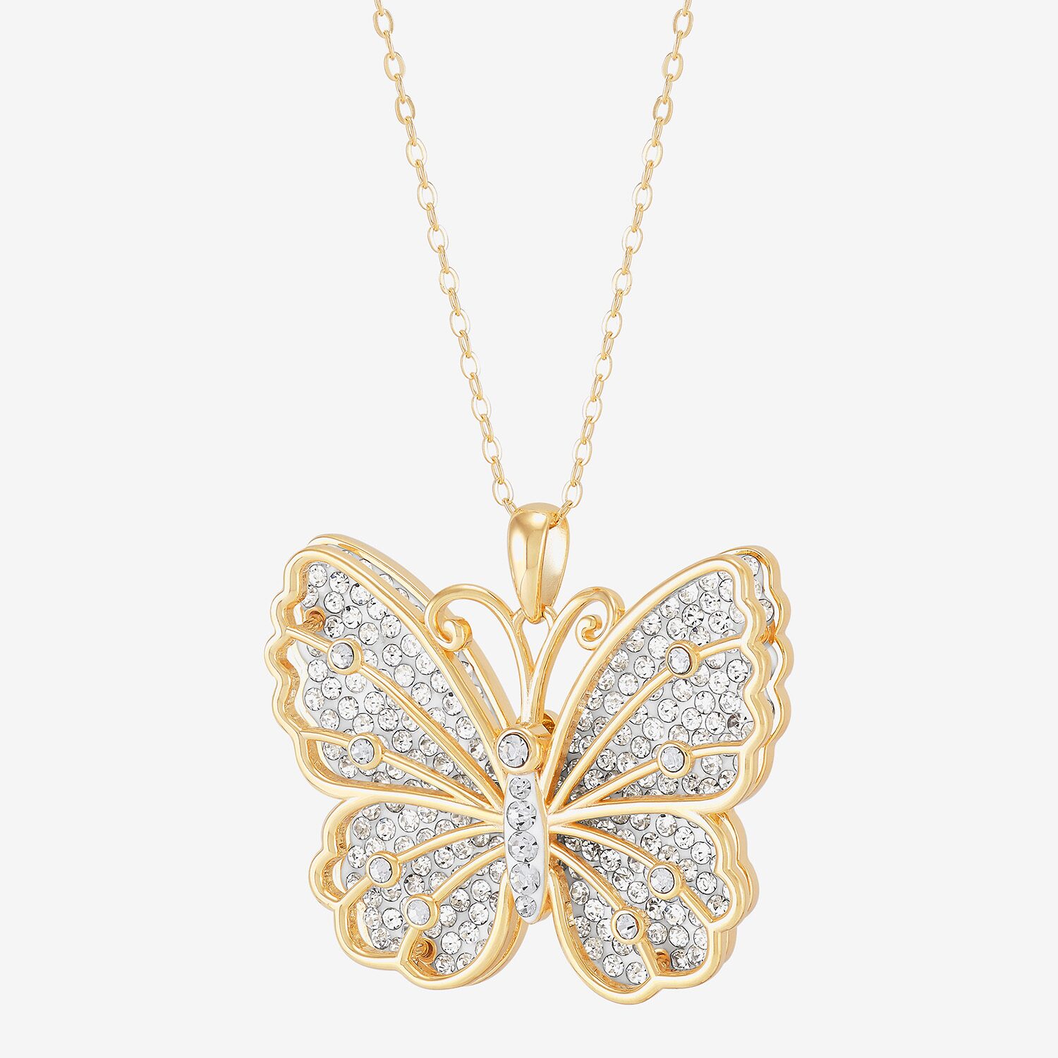 Womens White Crystal 14K Gold Over Silver Butterfly 18 Inch Pendant Necklace