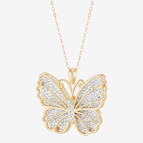 Womens White Crystal 14K Gold Over Silver Butterfly 18 Inch Pendant Necklace