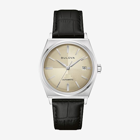 Bulova Mens Automatic Black Leather Strap Watch 96b483