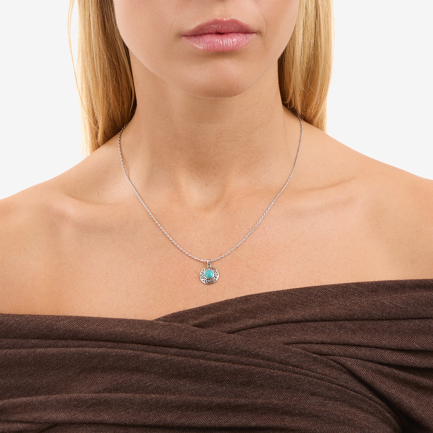 Womens Enhanced Blue Turquoise Sterling Silver Round 18 Inch Pendant Necklace