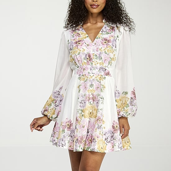 Premier Amour Womens V Neck Long Sleeve Puffed Floral Fit + Flare Dress